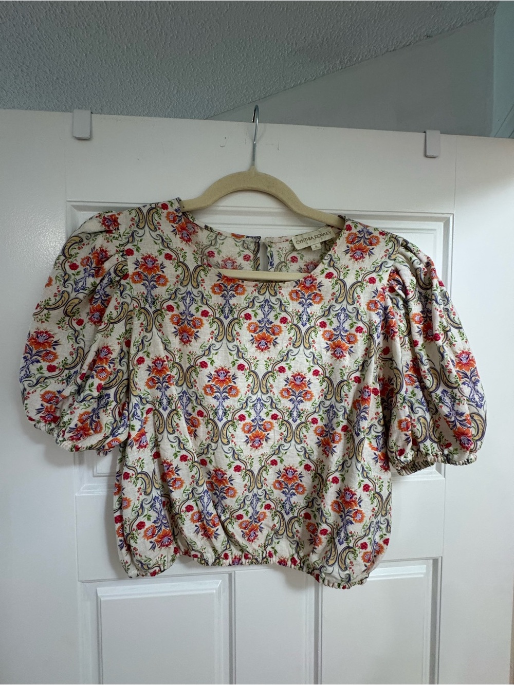 Cynthia Rowley Cream Puff-Sleeve Floral Blouse